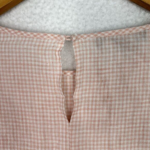 Lafayette 148 Linen Gingham Blouse Women’s Small Peach Check 3/4 Sleeve Bow Cuff - Picture 7 of 10